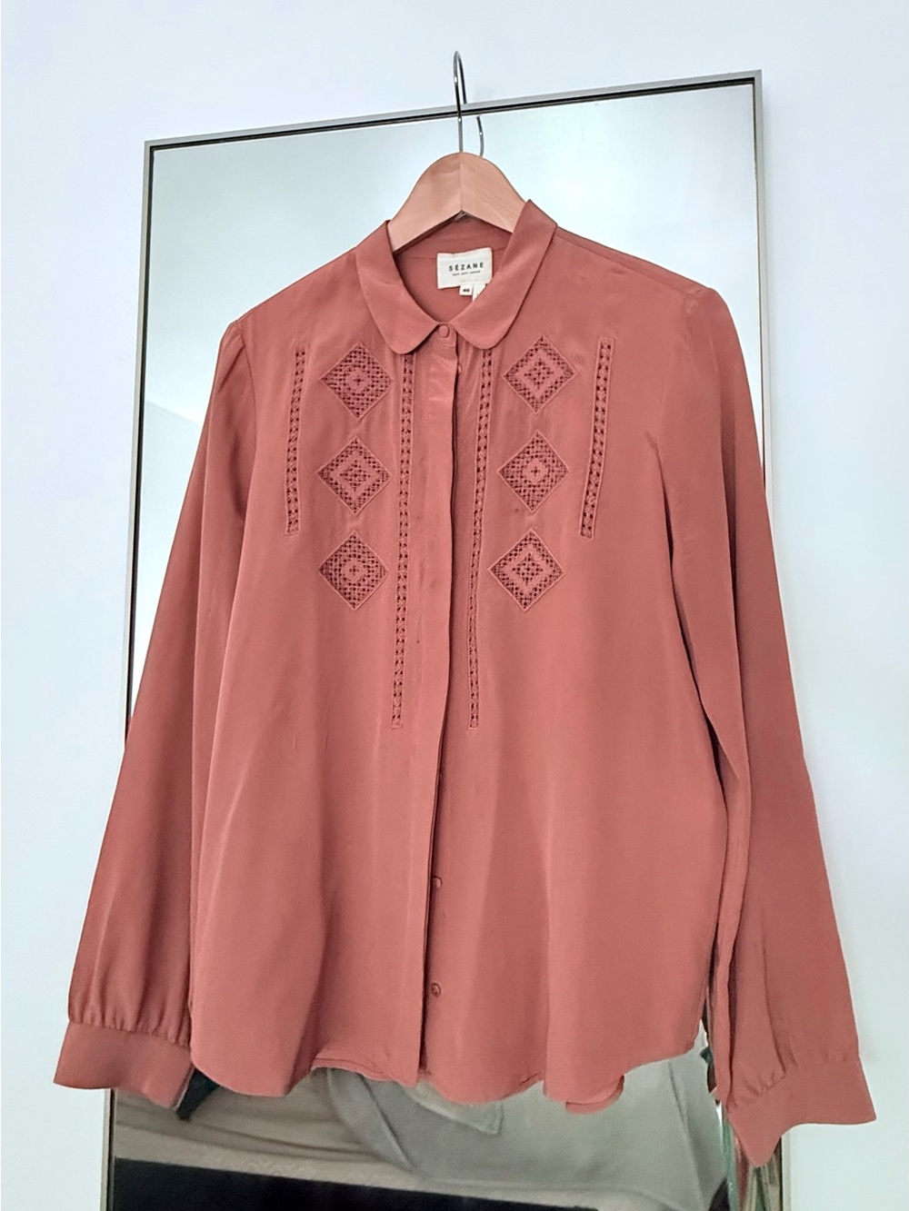 Sezane Limited Edition Silk Women’s Embroidered Button-Front Blouse